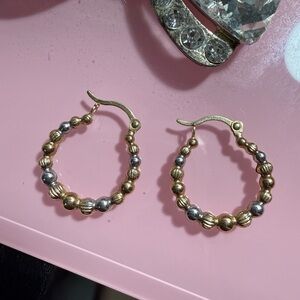 Firm price Second Hand 👏🏻 14k Gold and Silver Beaded Hoop Earrings